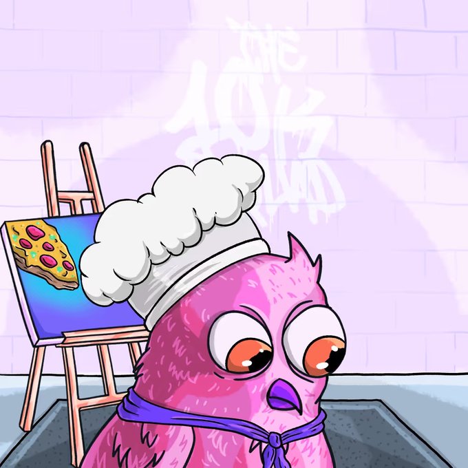 A pink owl chef wearing a tall white toque and purple necktie gazes thoughtfully at a pepperoni pizza painting on an easel. The wall behind reads "THE 10K SQUAD," matching the post referencing "Art: The 10k Squad NFT #3292," while the contemplative owl seems to embody the caption's message that "nothing honest is ever rushed."