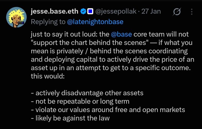 A screenshot of an X post by jesse.base.eth (@jessepollak) stating that the @base core team will not privately coordinate to drive asset prices up, as it would violate market values and likely be against the law.