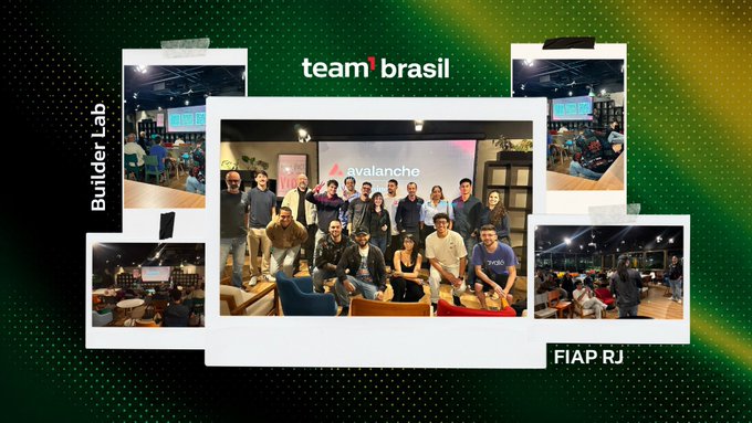Promotional graphic for 'team brasil' featuring a group photo from an Avalanche event at FIAP RJ Builder Lab, with smaller surrounding images of the venue.