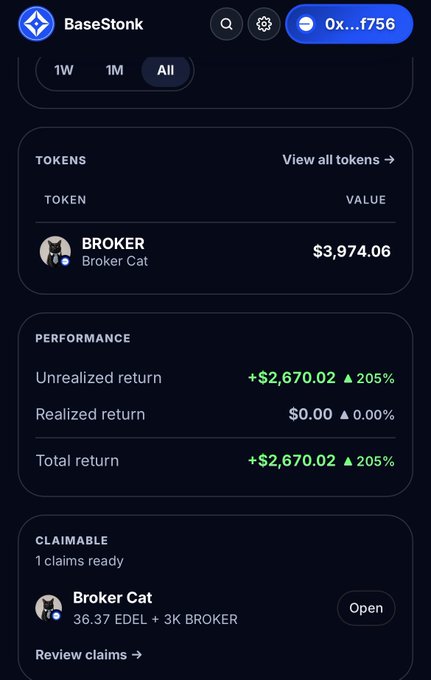 A mobile screenshot of the BaseStonk platform displaying a portfolio for address 0x...f756, showing a BROKER token from Broker Cat valued at $3,974.06, a +205% total return, and a claimable section offering '36.37 EDEL + 3K BROKER'.