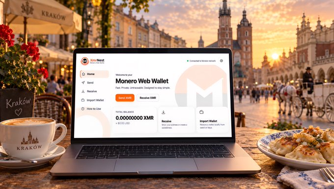 A laptop on a table in Krakow, Poland, displaying the 'Monero Web Wallet' interface from xmrnest.com against a blurred background of the city's main square at sunset.