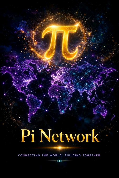 A promotional graphic for "Pi Network" featuring a glowing golden π symbol above a stylized, purple-hued digital world map with the tagline "CONNECTING THE WORLD. BUILDING TOGETHER."