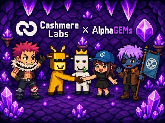 A pixel-art promotional image announces the collaboration between Cashmere Labs and AlphaGEMs, featuring stylized characters including a red-haired warrior, yellow mascot, white crowned figure, and blue-skinned character holding an AlphaGEMs banner against a purple crystal-filled background. The text "Cashmere Labs x AlphaGEMs" is prominently displayed at the top, matching the tweet's announcement of the NFT collaboration with a supply of 6,666 and free mint on the RobinHood chain.