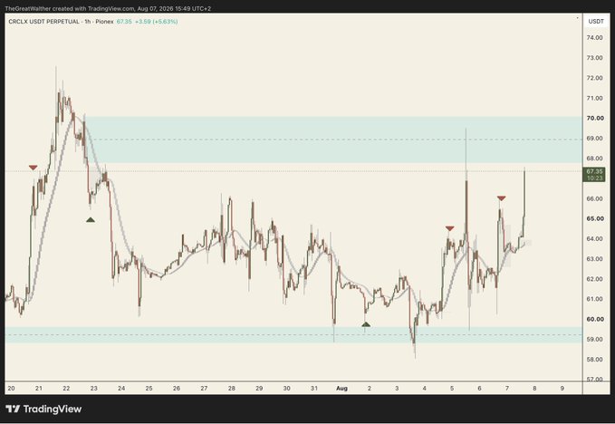 A TradingView chart for CRCLX USDT PERPETUAL (1h) showing a price of 67.35 with a +5.89 (+5.83%) gain, displaying candlesticks ranging roughly between 57 and 74 USDT from late July into early August 2026.