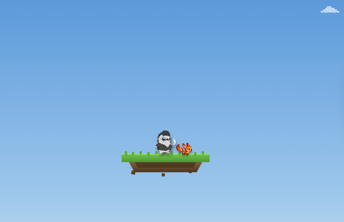 Pixel art scene featuring a character and a small orange fox-like creature standing together on a small grassy floating platform in a vast blue sky.