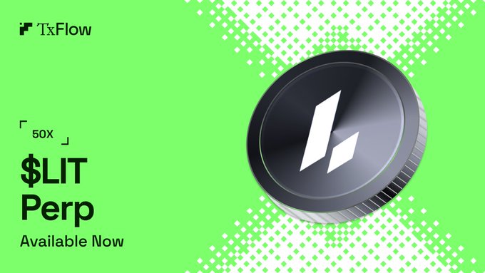 The image features a graphic of a coin with the dollar sign on top, representing the currency used for trading in this new cryptocurrency. The text above the coin reads "TxFlow has listed $LIT Following community requests," which indicates that the platform is aware of and catering to the needs of users who are looking to trade using the newly introduced coin. Additionally, it suggests that there's a high demand for LIT perp trading on the platform, so up to 50x leverage can be enjoyed by those who want to invest in this cryptocurrency.