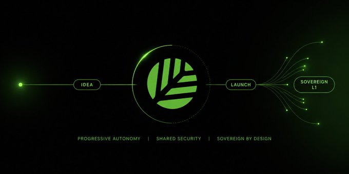 The image features a green logo with a leaf design that says "progressive autonomy" below it. The logo is displayed against a black background, which makes it stand out prominently. Below the logo, there are three bullet points explaining the concept of launching a blockchain in minutes instead of months and how this can change the way people think about blockchain technology.