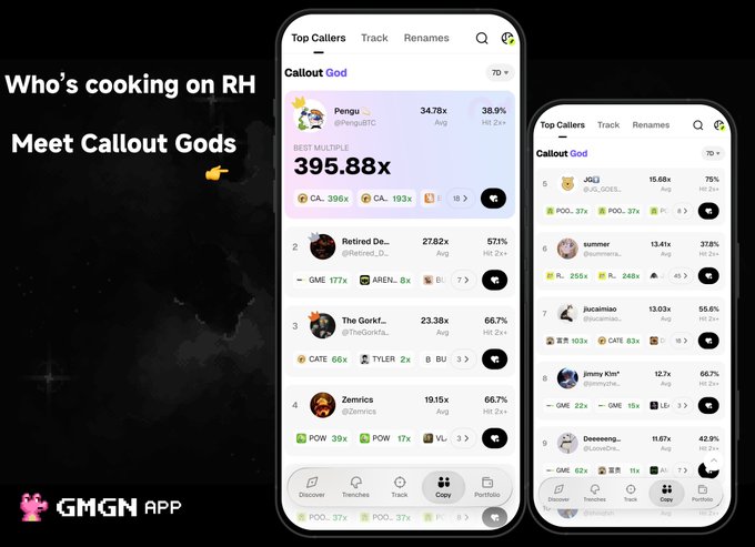 An advertisement for the "GMGN APP" showing two phone mockups displaying a "Callout God" leaderboard with crypto traders like "Pengu" and performance metrics, alongside text reading "Who's cooking on RH Meet Callout Gods".