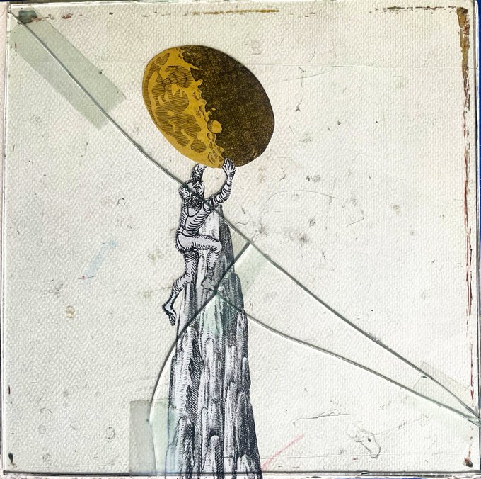 A surreal mixed-media artwork featuring a black-and-white line drawing of a figure climbing a jagged mountain peak while holding up a large golden moon or sun, set against a textured cream background with thin black lines intersecting the composition.
