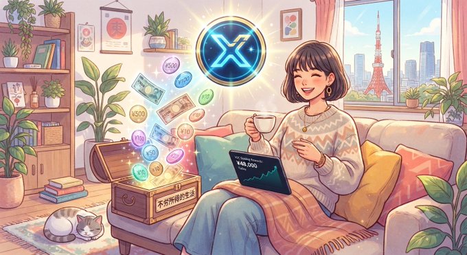 A young woman sits smiling on a couch with a laptop and coffee, beside a glowing treasure chest overflowing with yen notes and an XRP logo, with Tokyo Tower visible through the window—illustrating the post's vision of earning crypto staking rewards in yen (via JPYC) under Japan's upcoming 2028 separate taxation framework.