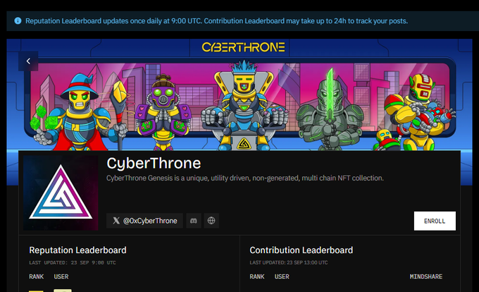 A promotional webpage for the CyberThrone NFT collection, featuring five cartoon robot characters and the text "CyberThrone" and "@0xCyberThrone", along with Reputation and Contribution Leaderboards.