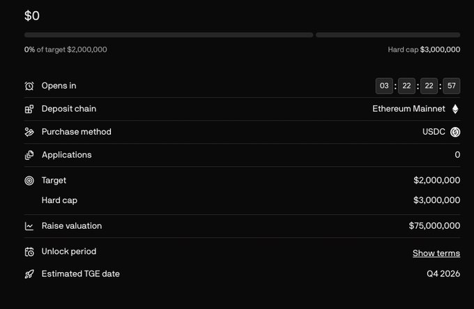 The image displays a token sale dashboard for a project, showing a $2,000,000 target with a $3,000,000 hard cap, a $75,000,000 raise valuation, USDC as the purchase method on Ethereum Mainnet, and an estimated Q4 2026 TGE date. This corresponds to the $JUMP token sale referenced in the post, highlighting its relatively low $75M FDV compared to competitors like Wormhole, LayerZero, Stargate, and Hyperlane.