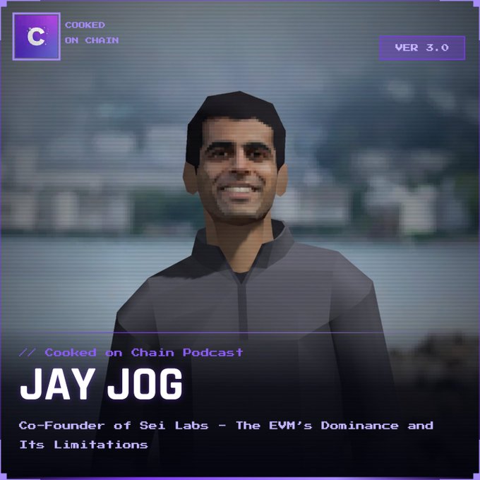 The image features a man wearing a gray jacket standing against a city skyline backdrop, with his face clearly visible. The caption below him reads "Cooked on Chain Podcast Co-Founder of Sei Labs - The EVM's Domination and Its Limitations".