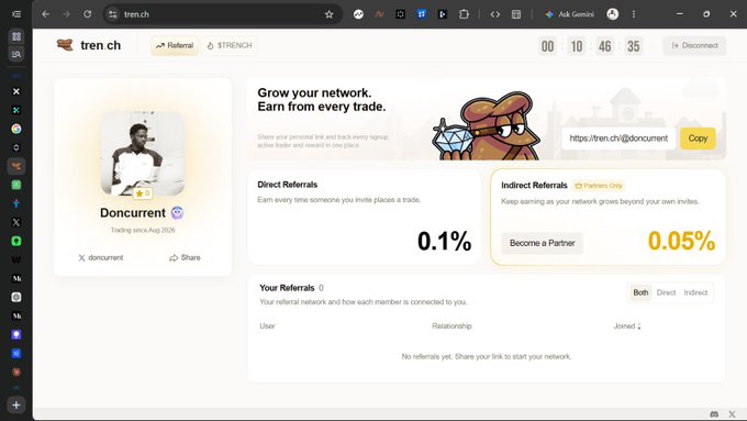 A screenshot of a browser displaying the 'tren.ch' website's referral page for the user 'Doncurrent', showing 'Direct Referrals' and 'Indirect Referrals' rates of 0.1% and 0.05%, respectively, alongside a '0:10:46:35' countdown timer.