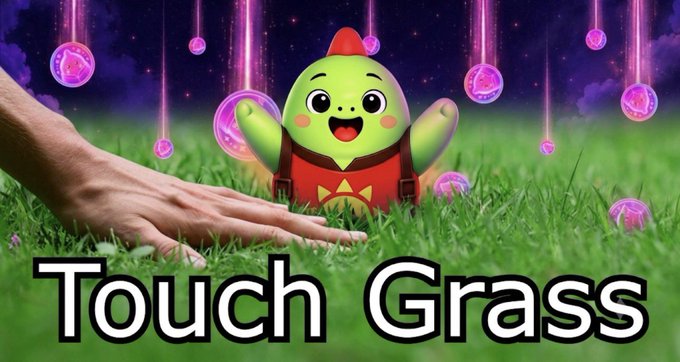 The image features a cheerful green dinosaur character with a red cap sitting in grass next to a hand reaching out to touch it, with the bold text "Touch Grass" displayed at the bottom, visually representing the post's playful "touch grass" message tied to a Gm greeting and collaboration between @sleepagotchi and @NucleusCodes.