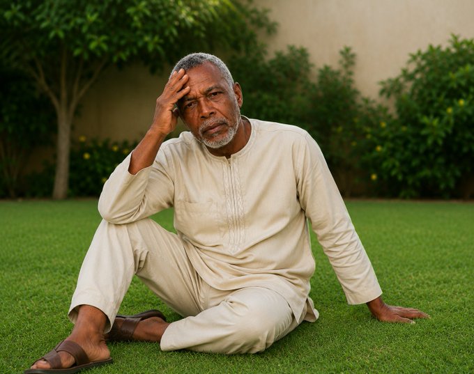 An older man with gray hair and beard, wearing a cream-colored traditional tunic, sitting on a green lawn with his hand on his forehead in a contemplative or distressed pose.