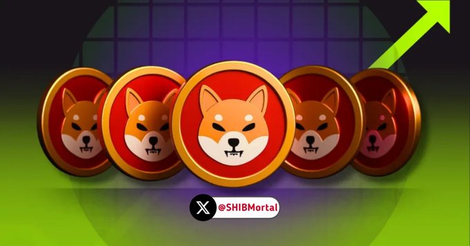 Five Shiba Inu coin tokens are displayed in a row against a green and purple background, with an upward green arrow in the top right corner symbolizing price growth. The handle "@SHIBMortal" appears at the bottom with an X/Twitter icon, and the imagery ties into the post's excitement about SHIB's potential ETF progress and bullish outlook.