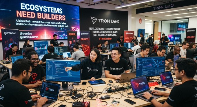 A crowded workspace with people wearing TRON DAO shirts working at computers, with banners reading 'ECOSYSTEMS NEED BUILDERS' and 'BUILDERS DETERMINE WHAT INFRASTRUCTURE CAN ULTIMATELY BECOME. #TimeIsUrgEnt'.