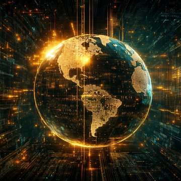 A digital illustration of a glowing, pixelated Earth globe surrounded by circuit-like patterns and golden light streaks against a dark background.