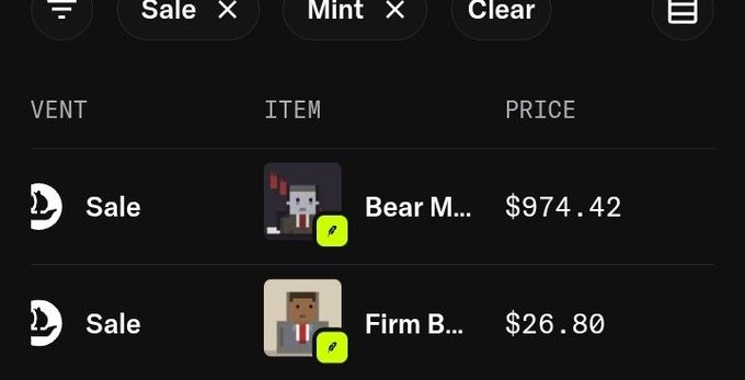 The image shows a marketplace activity feed displaying two recent sales: a "Bear M..." item for $974.42 and a "Firm B..." item for $26.80. The "Firm B..." sale at $26.80 aligns with the post celebrating the Rank 1 Firm Broker sale, likely representing the approximately 0.4 ETH purchase price of the broker item.
