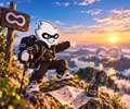 A small animated character with an Apple logo sits on a rocky cliff overlooking a sunset over water.