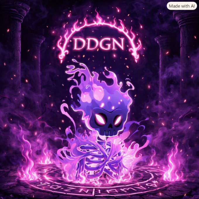 A purple, flame-wreathed skeleton rises from a glowing magic circle, with the text "DDGN" arched above in fiery lettering. The dark, mystical scene aligns with the post's gratitude toward the artist @ruangsunyiart and leader @NftBroc for their work on the #DropDedGorgez NFT project.