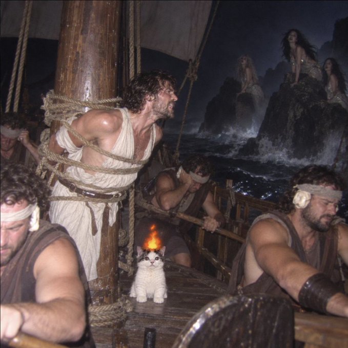 A scene depicting men tied to a ship's mast, rowing with blindfolds and ear coverings, with a small white cat added in the foreground featuring a flame on its head, set against a stormy sea with sirens on rocks.
