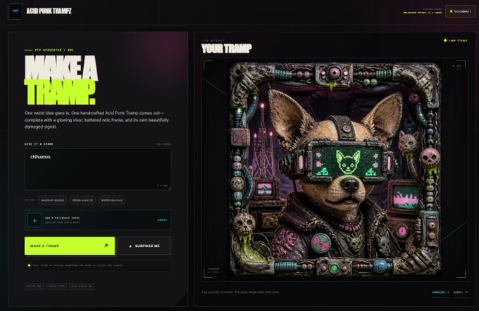 Screenshot of the 'Acid Punk Trampz' NFT minting site, showing a generated chihuahua NFT with cyberpunk goggles on the right and a minting interface on the left.