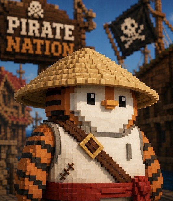 A blocky, voxel-style 3D rendering of a cat-like pirate character with a straw hat and eyepatch, standing before a "PIRATE NATION" sign with a skull and crossbones flag.
