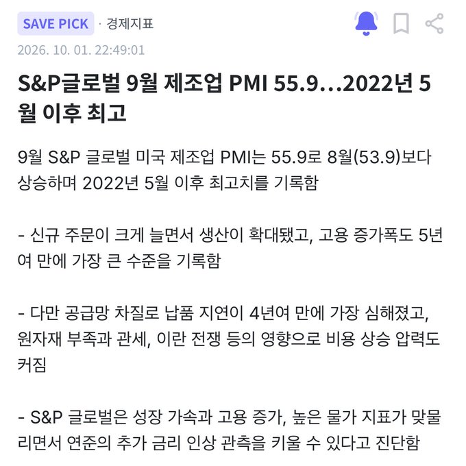 A Korean-language financial news article from 'SAVE PICK' dated 2026.10.01 with the headline 'S&P글로벌 9월 제조업 PMI 55.9...2022년 5월 이후 최고' (S&P Global September Manufacturing PMI 55.9...highest since May 2022), discussing US manufacturing data with new orders expanding and supplier delivery times at their longest in 4 years.