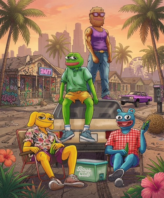A vibrant cartoon scene depicts anthropomorphic animal characters—including a frog in a polo shirt sitting on a car, a muscular bearded man standing behind it, a yellow dog, and a blue bear—gathered in a sun-soaked urban setting with palm trees and a city skyline, alongside a cooler labeled "Boys Club" and a neon sign reading "24/7," tying into the post's reference to the "Boys Club" memecoin $WOLF.