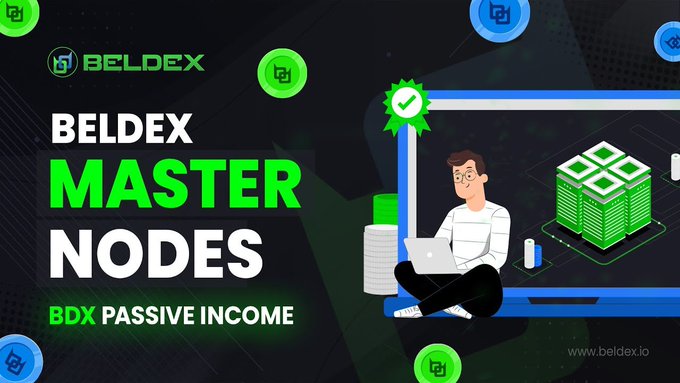 A promotional banner for "BELDEX MASTER NODES" advertising "BDX PASSIVE INCOME" with a cartoon illustration of a person on a laptop next to stacks of green money, dated 2024.