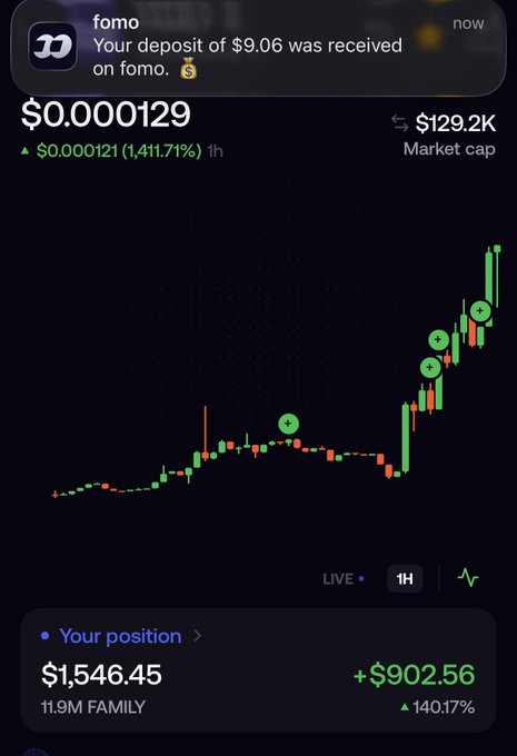 A Robinhood notification showing a $9.06 deposit on fomo appears alongside a $FAMILY price chart at $0.000129 with a market cap of $129.2K, displaying the user's position of $1,546.45 (+$902.56, +140.17%) that supports the post's message about holding $FAMILY tokens and being part of the @fomo family.