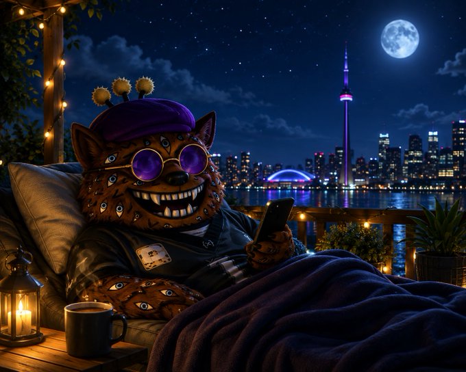 A fantasy illustration of a multi-eyed, fanged creature wearing a purple hat and round sunglasses, lounging with a phone against a nighttime city skyline featuring a tower and full moon.