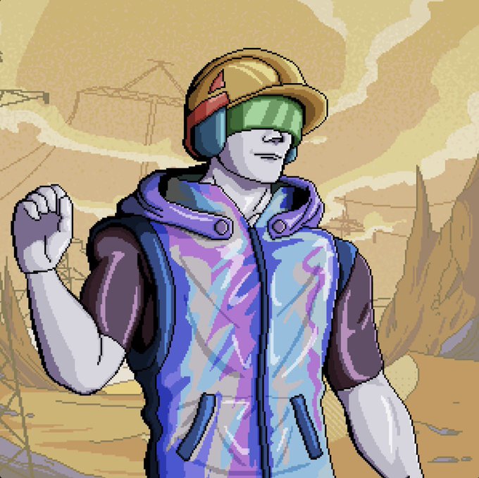 An illustration of a character wearing a yellow hard hat with green visor, blue and purple patterned vest, and raising a fist in a fist bump against a desert landscape background.