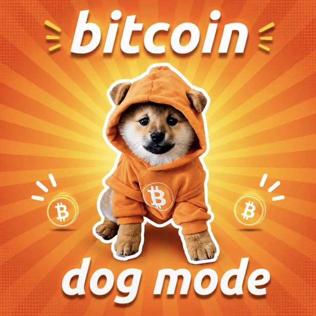 A graphic of a Shiba Inu puppy in an orange Bitcoin hoodie with the text 'bitcoin' above and 'dog mode' below, set against an orange sunburst background.
