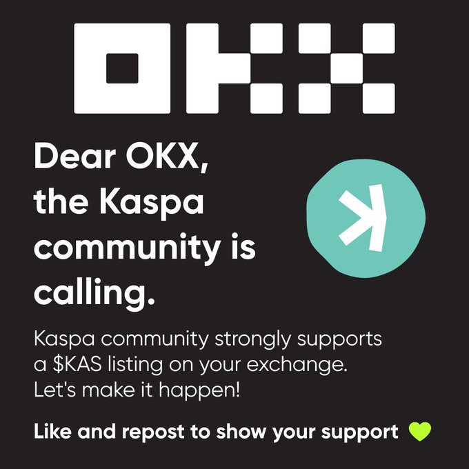 This image features an advertisement for a cryptocurrency named $KAS, with a logo that resembles a checkerboard design. The text of the image reads "Dear OKX, the KASPA community is calling." This implies that the advertisement is promoting a feature on the website or app that allows users to communicate directly with the KASPA community through various channels, such as social media and messaging platforms. It suggests that $KAS might be an ideal platform for community engagement in cryptocurrency matters.