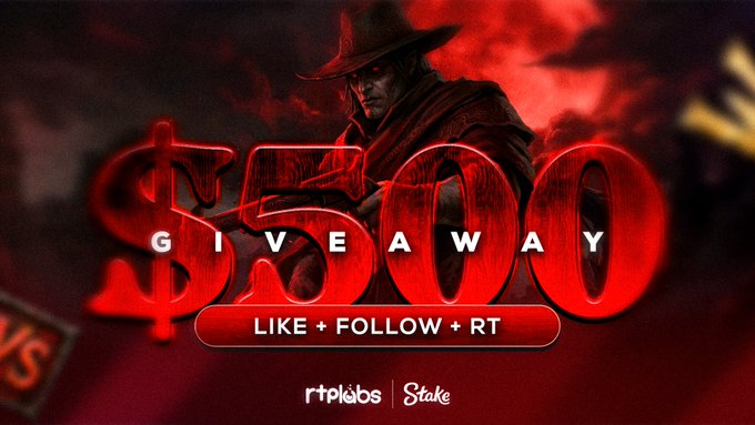 The image features a banner for an advertisement featuring a man wearing a cowboy hat sitting alone. The banner displays text that reads "500 Giveaway". This suggests there is some sort of contest or giveaway, with a total prize amount of $500. The main character in the image seems to be the winner and is accompanied by a caption that explains how they can follow or retweet the post on social media using the hashtag #rtplabs to join the giveaway.