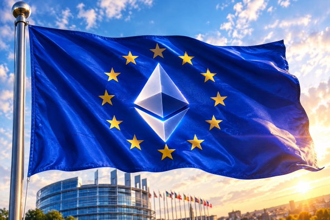A European Union flag with twelve yellow stars encircling a large Ethereum (ETH) logo, waving on a flagpole with the European Parliament building visible in the background.