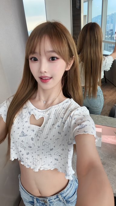 A young woman with long auburn hair takes a selfie, wearing a white patterned crop top with a heart cutout and light blue jeans.