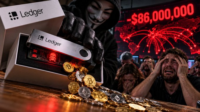 A Ledger hardware wallet box next to a hacker in a Guy Fawkes mask stealing cryptocurrencies, with distressed people and a world map showing '-$86,000,000' in the background.