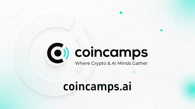 A logo for 'coincamps' with the tagline 'Where Crypto & AI Minds Gather' and website coincamps.ai displayed on a light background with teal accents.