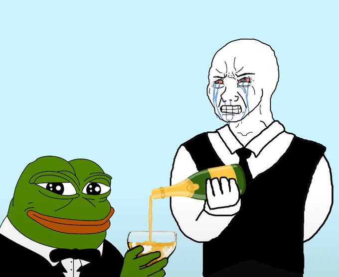 A cartoon image featuring two meme characters dressed as waiters against a light blue background: on the left, Pepe the Frog in a black tuxedo holds a glass of champagne, while on the right, the "Crying Wojak" (also in a tuxedo) pours the drink from a green bottle with a distressed, tearful expression.