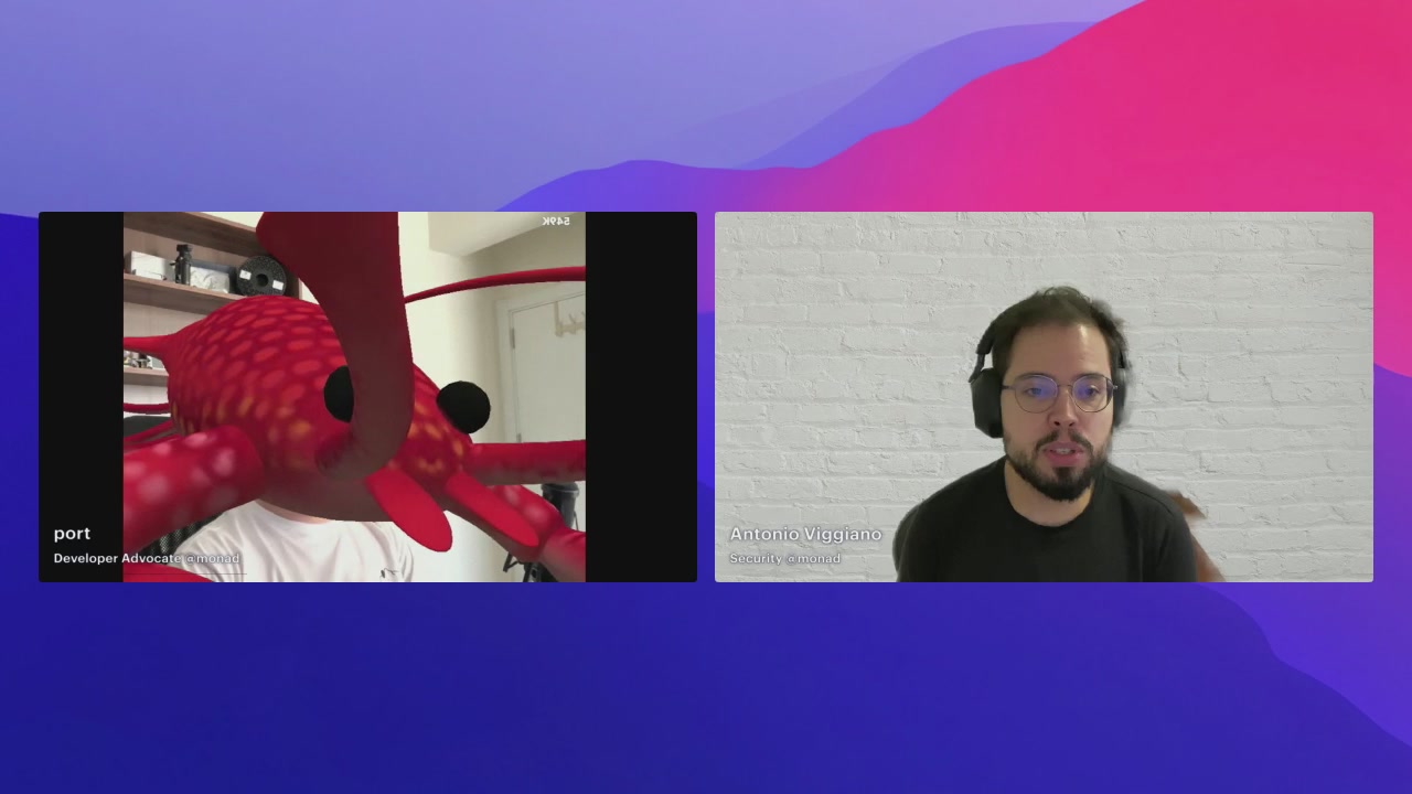 The image shows two computer screens side by side, both displaying a video of a man wearing headphones sitting behind a desk with a brick wall as the background. The first screen has a red dragon head, while the second screen features a white brick wall. The text in the image reads "Explaining Monad Bugfinder, an internal AI-assisted vulnerability discovery system that we are using to help secure the Monad blockchain Live stream".