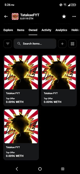 A mobile screenshot showing an NFT collection named "Tatakae FYT" with listings priced at "Top Offer 0.0096 WETH", each displaying a silhouette of a spiky-haired character against a red and white rising sun pattern.