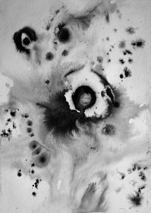 This monochromatic ink monotype titled "Rebirth process 3" features a central dark eye-like form surrounded by radiating splatters, blooms, and a small curved mark in the upper left, evoking themes of emergence and organic growth. The piece, part of a limited edition series of 10, visually echoes the post's message about artistic perseverance—much like ink blooming unpredictably across wet paper, creative expression continues to evolve and spread.