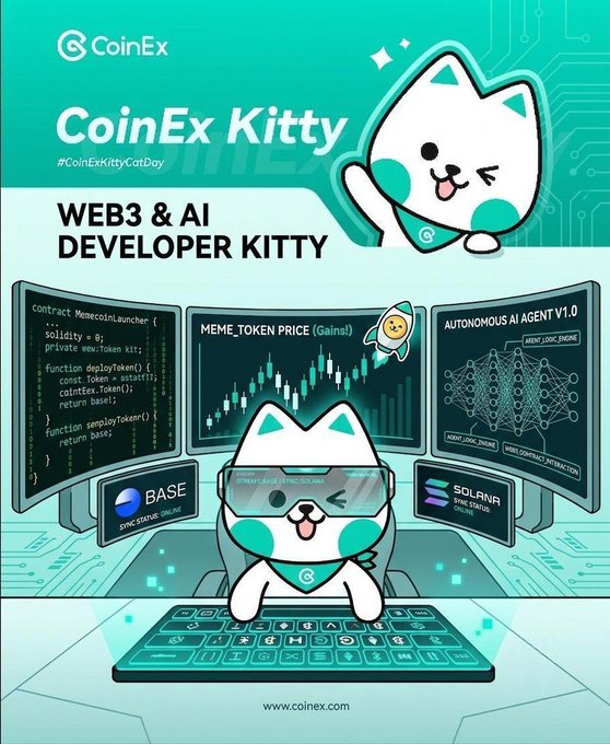 A CoinEx promotional poster for 'CoinEx Kitty' featuring a cartoon cat in a tech setting, advertising it as a 'WEB3 & AI DEVELOPER KITTY' with monitors displaying code, token charts, and references to Base, Solana, and Ethereum.