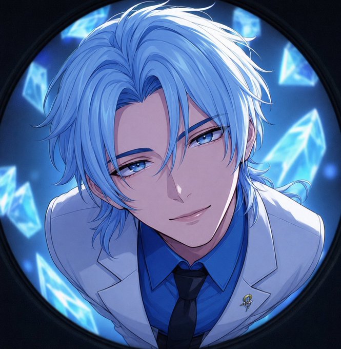 An anime-style portrait of a silver-haired man in a white suit and blue tie with a subtle smile, framed within a circular border surrounded by floating icy blue crystals. The futuristic aesthetic and glowing crystal motifs tie into the "GM if you love NFTs" post, evoking the digital, collectible vibe of the NFT space.