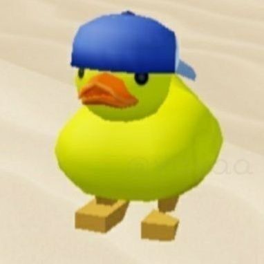 A 3D rendered yellow rubber duck wearing a blue baseball cap backwards, standing on small yellow block-like feet.