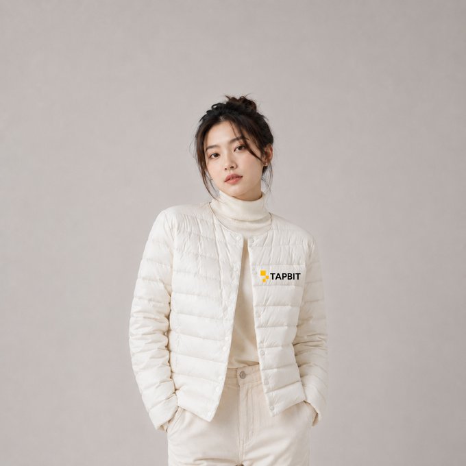 A young woman modeling a white puffer jacket with 'TAPBIT' logo over a cream turtleneck sweater, posed against a neutral beige background.